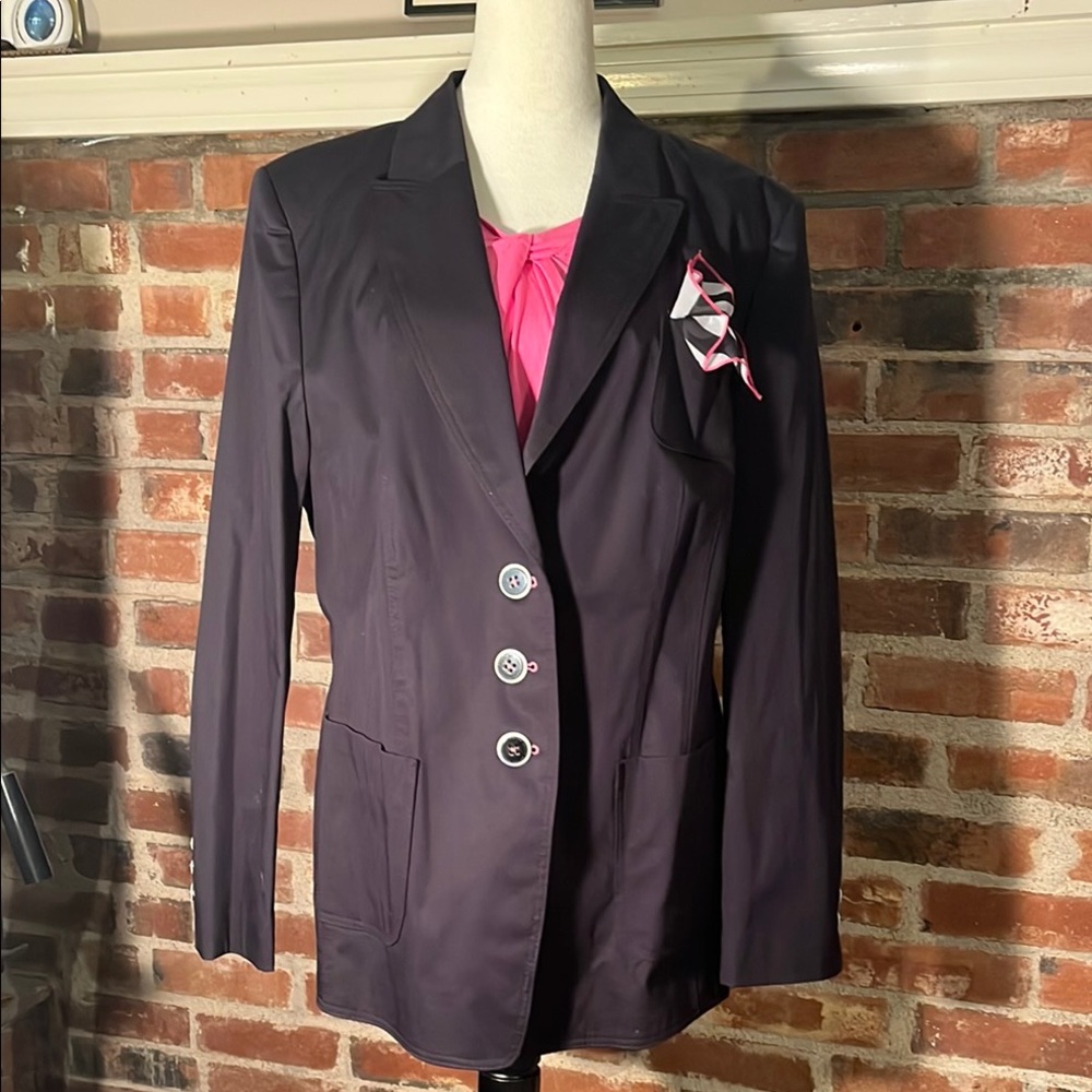 Basler Navy Blazer with Pink short sleeve twist scoop neck shirt.